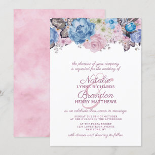 Parisian Charm Blue & Rosa Blommigt Chic Bröllop Inbjudningar