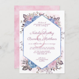 Parisian Charm Blue & Rosa Blommigt Hexagon Bröllo Inbjudningar