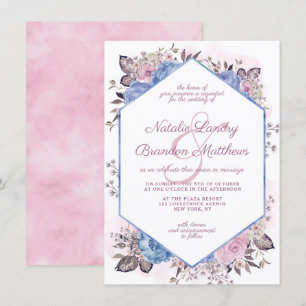 Parisian Charm Blue & Rosa Blommigt Hexagon Bröllo Inbjudningar