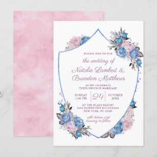 Parisian Charm Blue & Rosa Blommigt Vapensköld Brö Inbjudningar