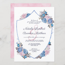 Parisian Charm Blue & Rosa Blommigt Vapensköld Brö Inbjudningar