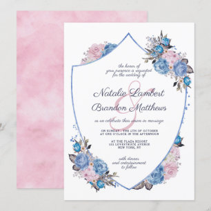 Parisian Charm Blue & Rosa Blommigt Vapensköld Brö Inbjudningar