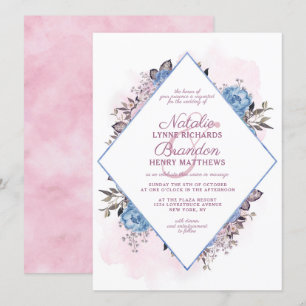 Parisian Charm Blue & Rosa Diamond Ram Bröllop Inbjudningar