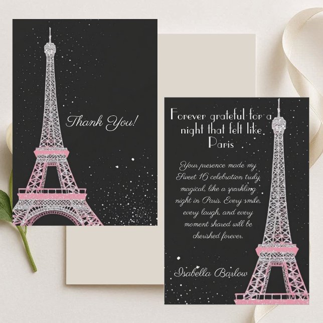 Parisian Chic Rosa Glitter Sweet 16 Födelsedag Tack Kort (Parisian Chic Blush Pink Glitter Sweet 16 Birthday Thank You Card)