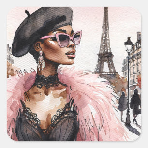Parisian Chic Svart Kvinna i Frankrike Akvarell Fyrkantigt Klistermärke