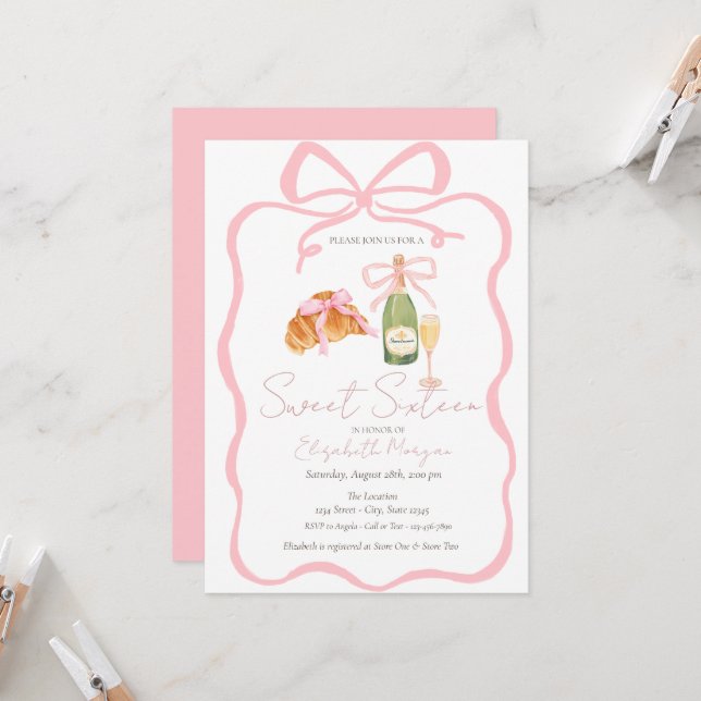 Parisian Croissant Pink Bow Champagne Sweet 16 Inbjudningar (Fram/Back In Situ)