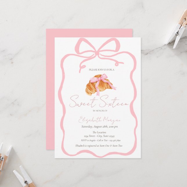 Parisian Croissant Pink Bow Sweet 16 Inbjudningar (Fram/Back In Situ)
