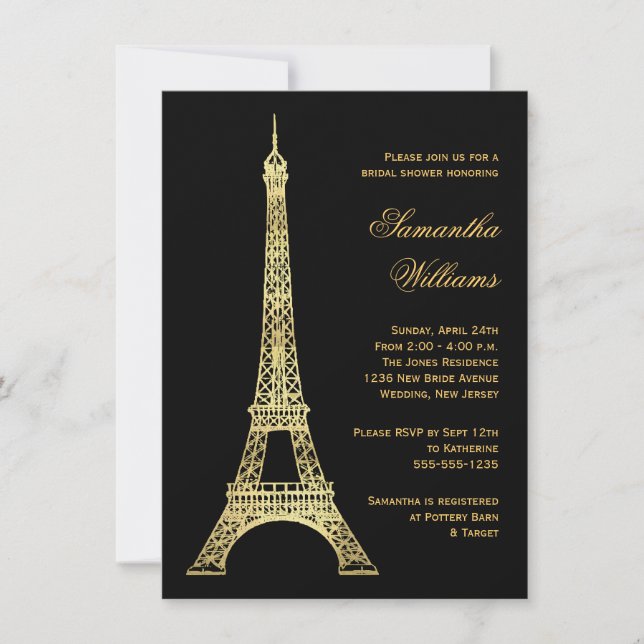 Parisian Eiffel Torn Black & Guld Möhippa Inbjudningar (Framsida)