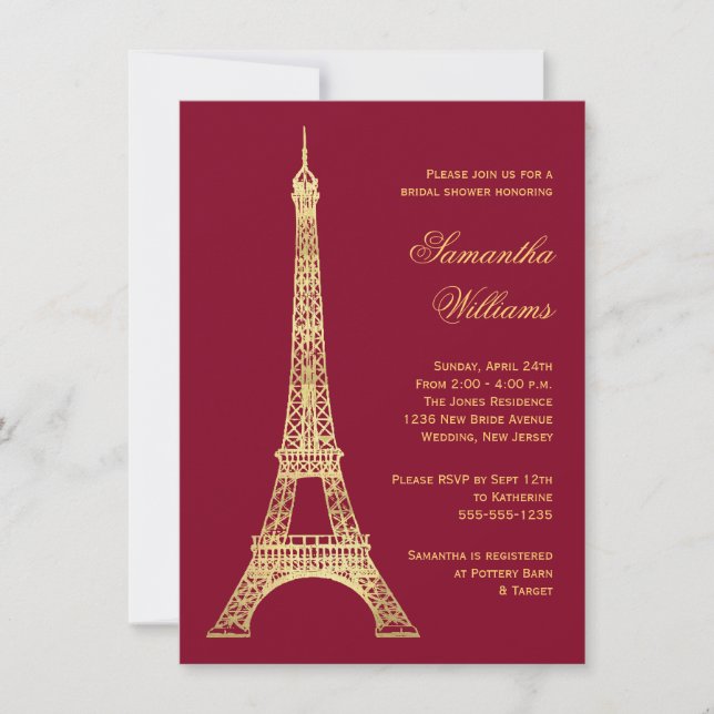 Parisian Eiffel Torn Burgundy Guld Möhippa Inbjudningar (Framsida)