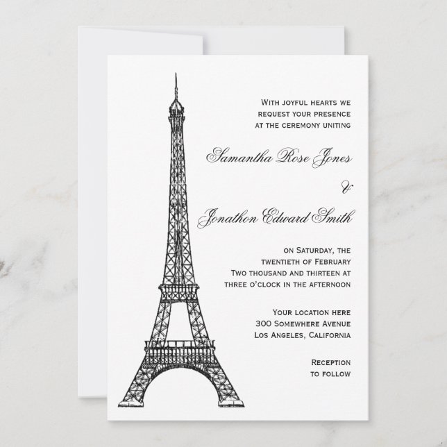 Parisian inbjudan för Eiffel tornbröllop (Framsida)