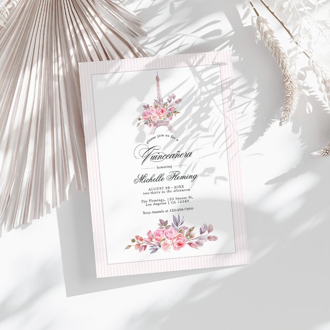 Parisian Rosa Blommig Quinceañera Foto Inbjudningar (Parisian Pink Floral Quinceañera Photo Invitation)