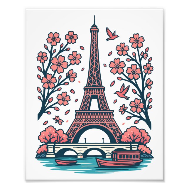 Parisian Souvenir Eiffel Torn Paris Cherry Träd Fototryck (Framsidan)