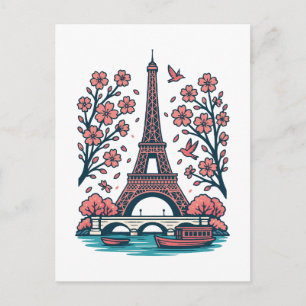 Parisian Souvenir Eiffel Torn Paris Cherry Träd Helg Vykort