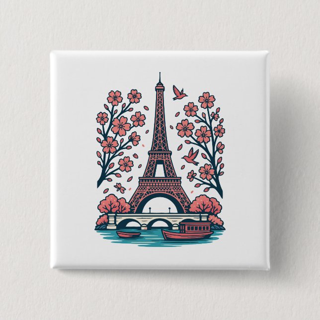 Parisian Souvenir Eiffel Torn Paris Cherry Träd Knapp (Framsida)