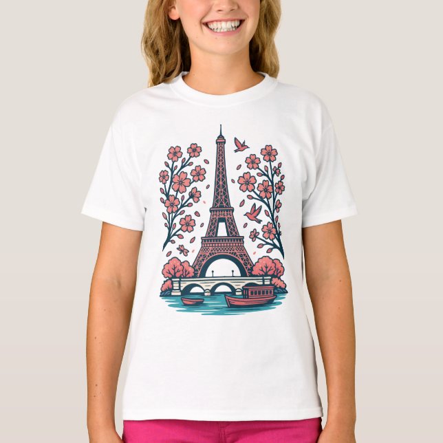 Parisian Souvenir Eiffel Torn Paris Cherry Träd T Shirt (Framsida)
