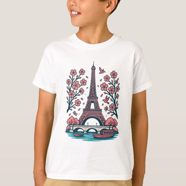 Parisian Souvenir Eiffel Torn Paris Cherry Träd T Shirt (Framsida)