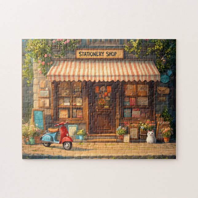 Parisian Stationery Shop Mysigt Street Scene w/Cat Pussel (Horisontell)
