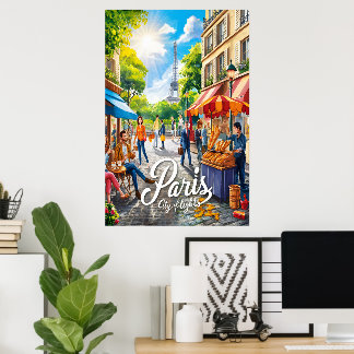 Parisian Street Scene med Eiffel Torn Poster
