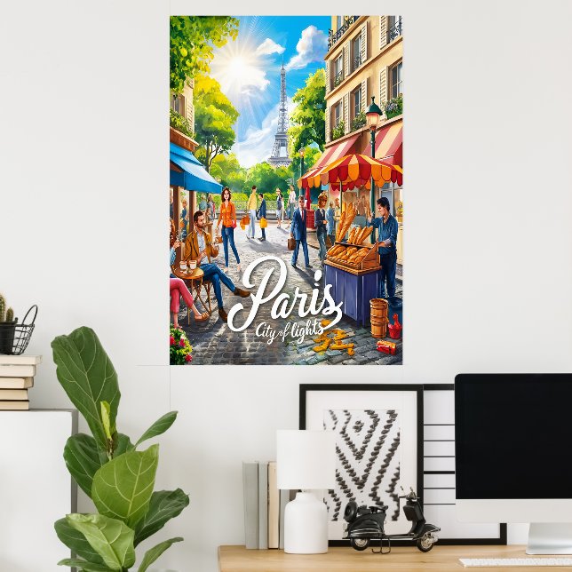 Parisian Street Scene med Eiffel Torn Poster (Hemmakontoret)