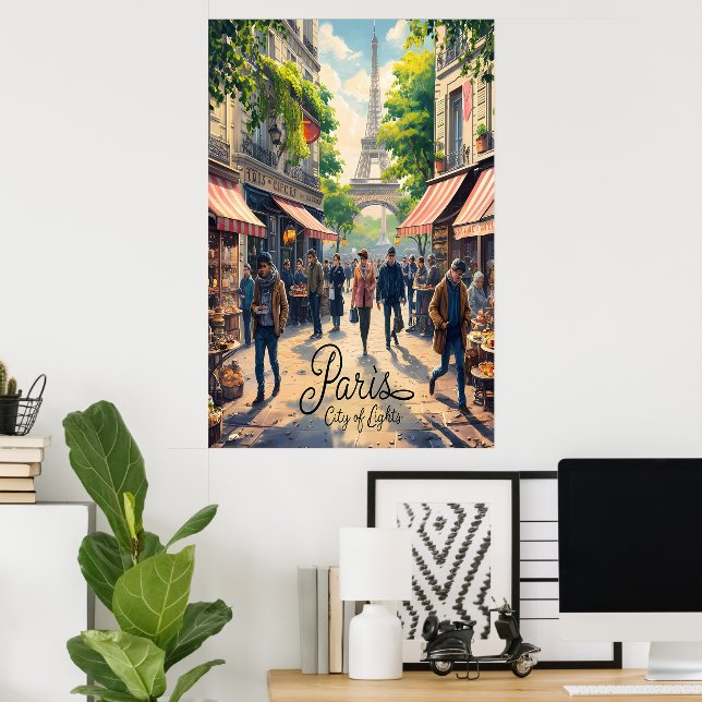 Parisian Street Scene med Eiffel Torn Poster (Hemmakontoret)