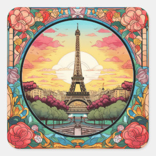 Parisian Sunset Eifel Torn Paris Fransk Blommigt Fyrkantigt Klistermärke