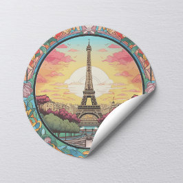 Parisian Sunset Eifel Torn Paris Fransk Blommigt Runt Klistermärke