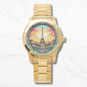 Parisian Sunset Eiffel Torn Paris Fransk Blommigt Armbandsur
