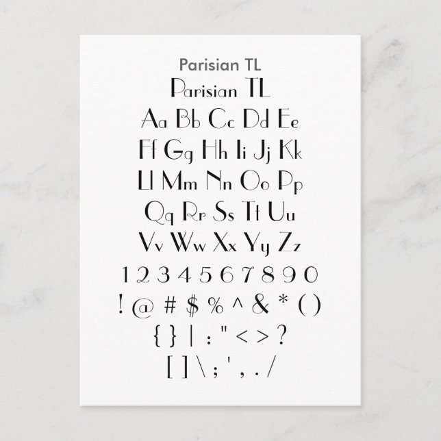 Parisian TL - Zazzle Font Sampler Lakan Vykort (Framsida)