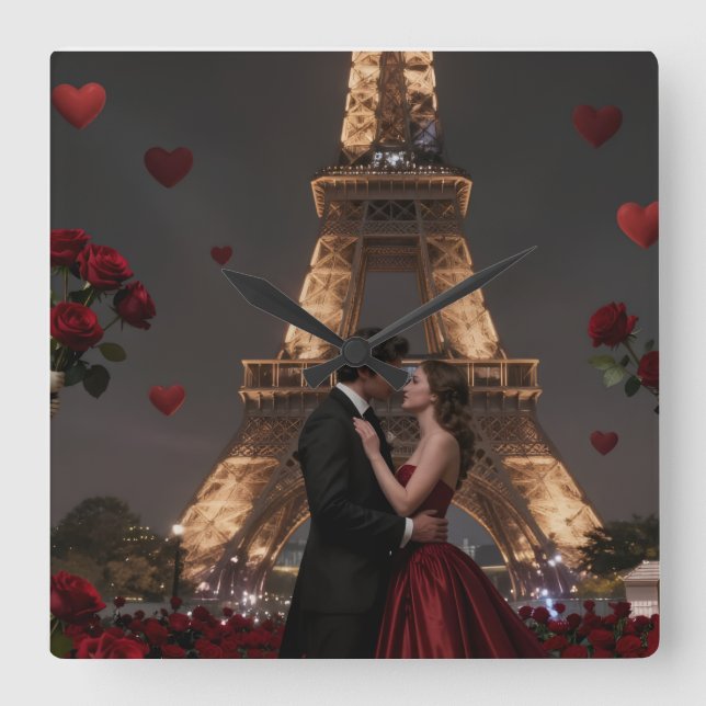 Parisian Valentines Day Fyrkantig Klocka (Framsida)