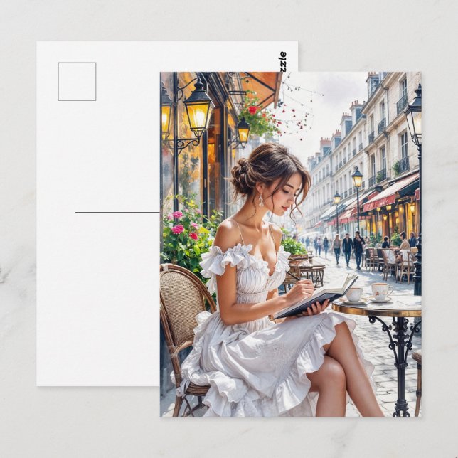Parisian Women Elegance: Paris Café Street Vibes Vykort (Fram/baksida)