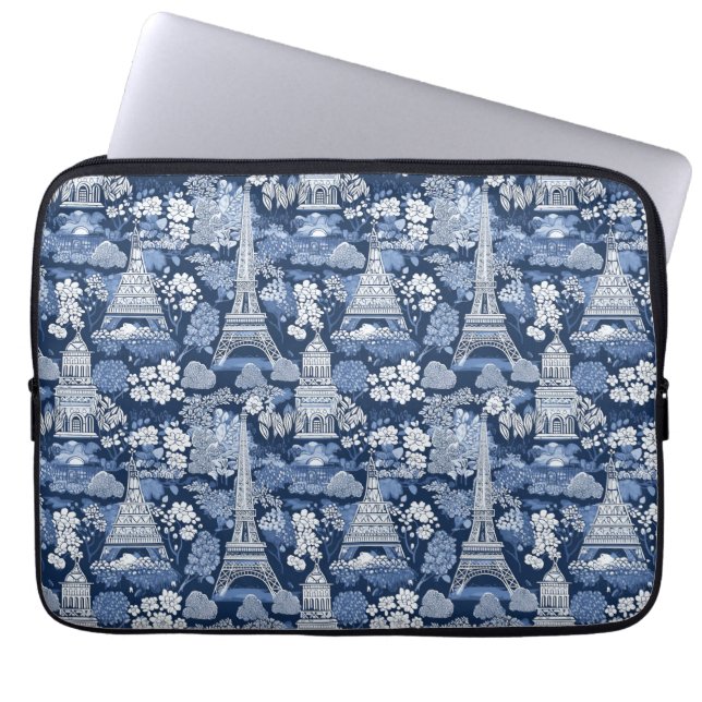 Parisisk blå toile-mönstrad väv laptop fodral (Framsidan)
