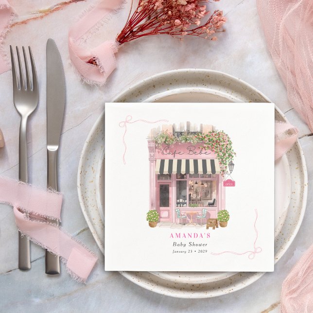 Parisisk café Bonjour Bebe Rosa Babyshower Pappersservett (Skapare uppladdad)