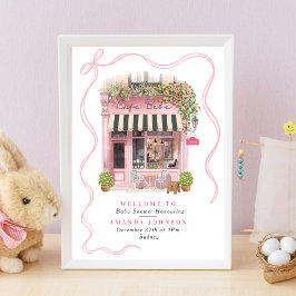 Parisisk café Bonjour Bebe Rosa Rosett Barnkalas Poster