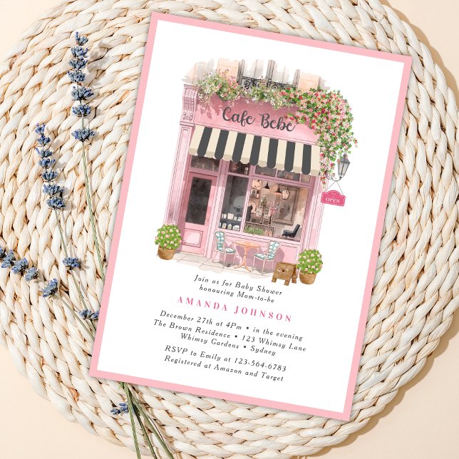 Parisisk Café Bonjour Bebe Rosa Tema Baby Shower  Inbjudningar (Skapare uppladdad)