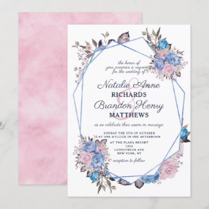 Parisisk charm Blue & Rosa Geometric Bröllop Inbjudningar