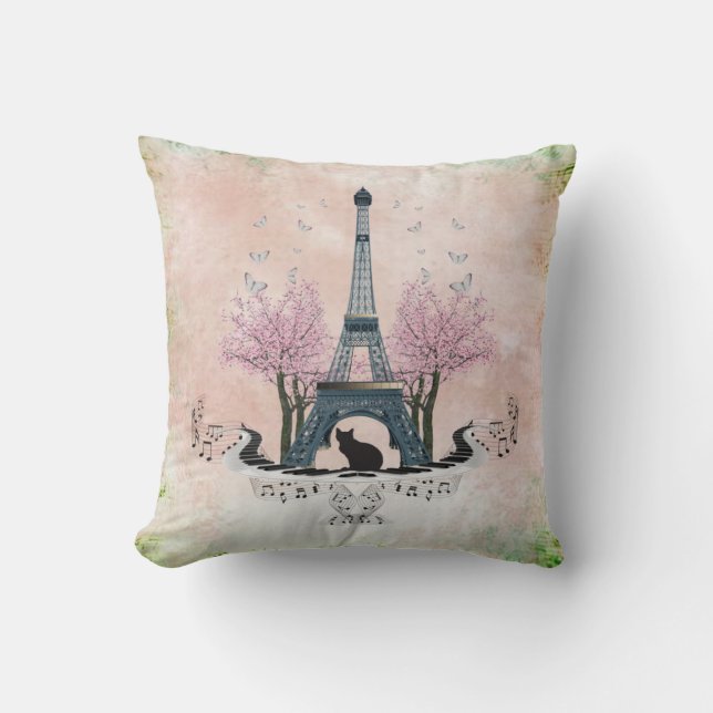 Parisisk Eiffel Torn Cat- och Cherry-Blommar Kudde (Framsida)