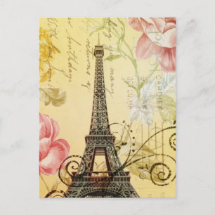 Parisisk gult blommigt Vintage Paris Eiffel Torn Vykort