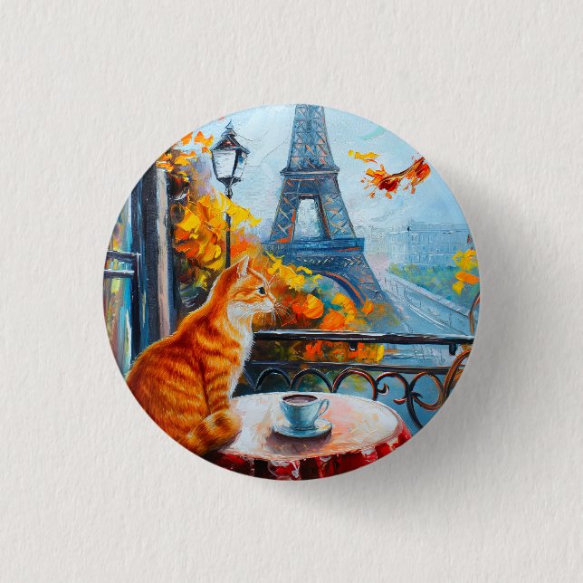 Parisisk höst | Ginger Cat på ett kafé Knapp (Framsida)