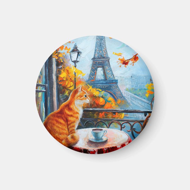 Parisisk höst | Ginger Cat på ett kafé Magnet (Framsidan)
