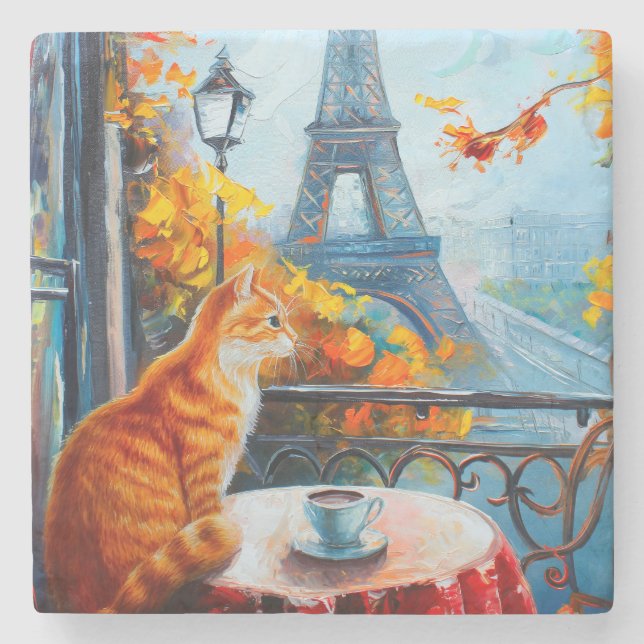 Parisisk höst | Ginger Cat på ett kafé Stenunderlägg (Framsidan)