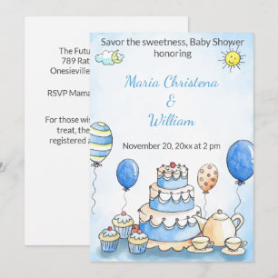 Parisisk Konditori Blå Upplaga Baby Shower Inbjudningar