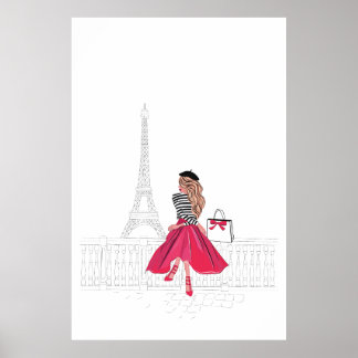Parisisk kvinna framför Eiffel Torn, Paris Poster