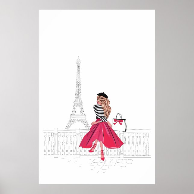 Parisisk kvinna framför Eiffel Torn, Paris Poster (Framsidan)
