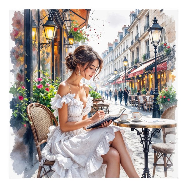 Parisisk kvinnlig elegans: Paris kafé gatumiljö Fototryck (Framsidan)