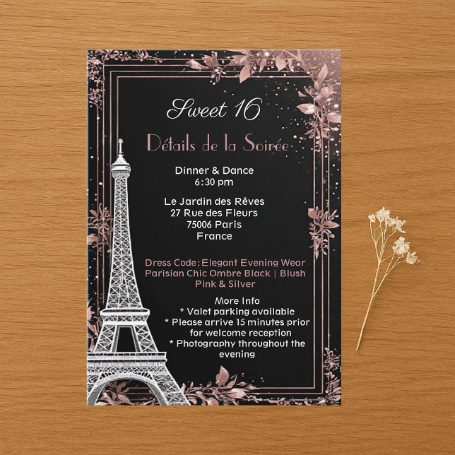 Parisisk Rodnad Rosa Silver Glitter Söt 16 Natt Tilläggskort (Parisian Blush Pink Silver Glitter Sweet 16 Night Enclosure Card)