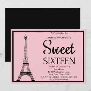 Parisisk Rosa Black Eiffel Torn Sweet sixteen Inbjudningar