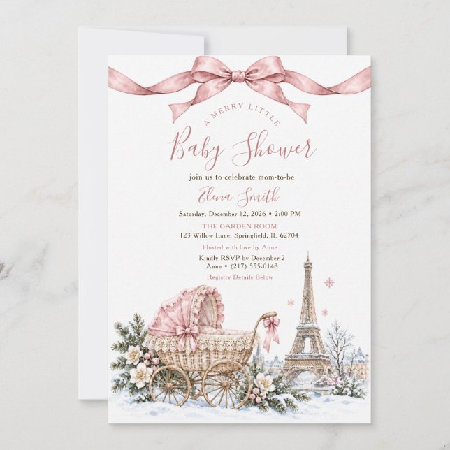 Parisisk vinterrosabåge baby shower inbjudningar (Framsida)