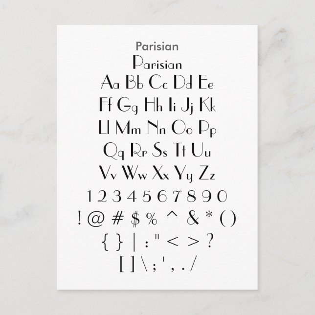 Parisisk - Zazzle Font Sampler Lakan Vykort (Framsida)