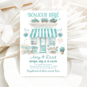 Parisiskt cafe Bonjour Bebe-temat Babyskor Inbjudningar