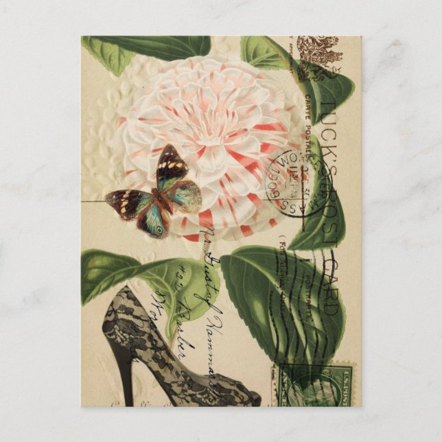 Parisiskt mode stiletto fransk botanisk konst vykort (Framsida)